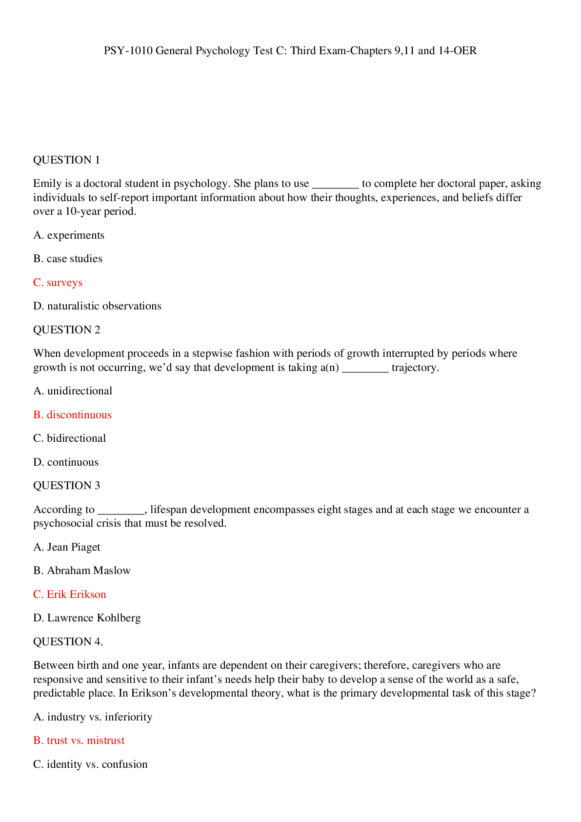 Preview of PSY-1010 General Psychology Test C: Third Exam-Chapters 9,11 and 14-OER
